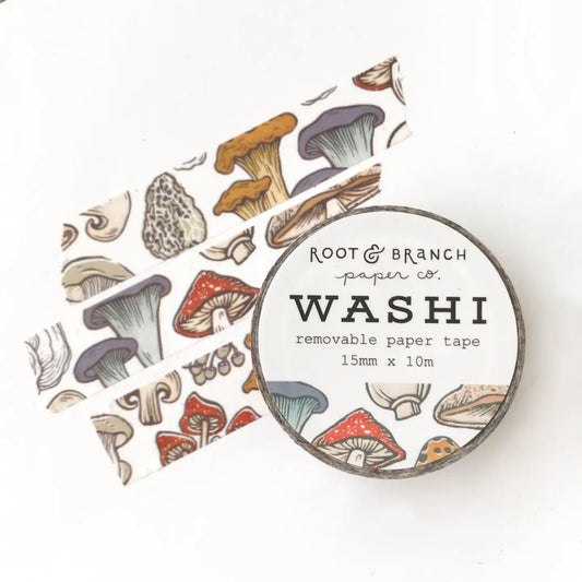 Front cover of Washi tape roll. Three pieces of tape with mushroom and fungi pattern. 