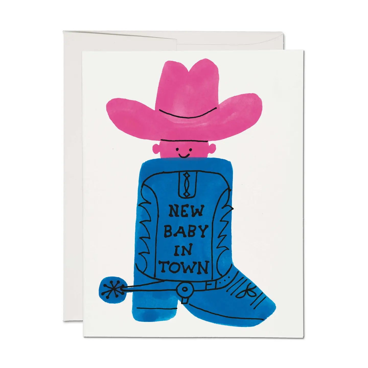 White greeting card with an illustration of a blue cowboy boot and pink baby wearing a cowboy hat 