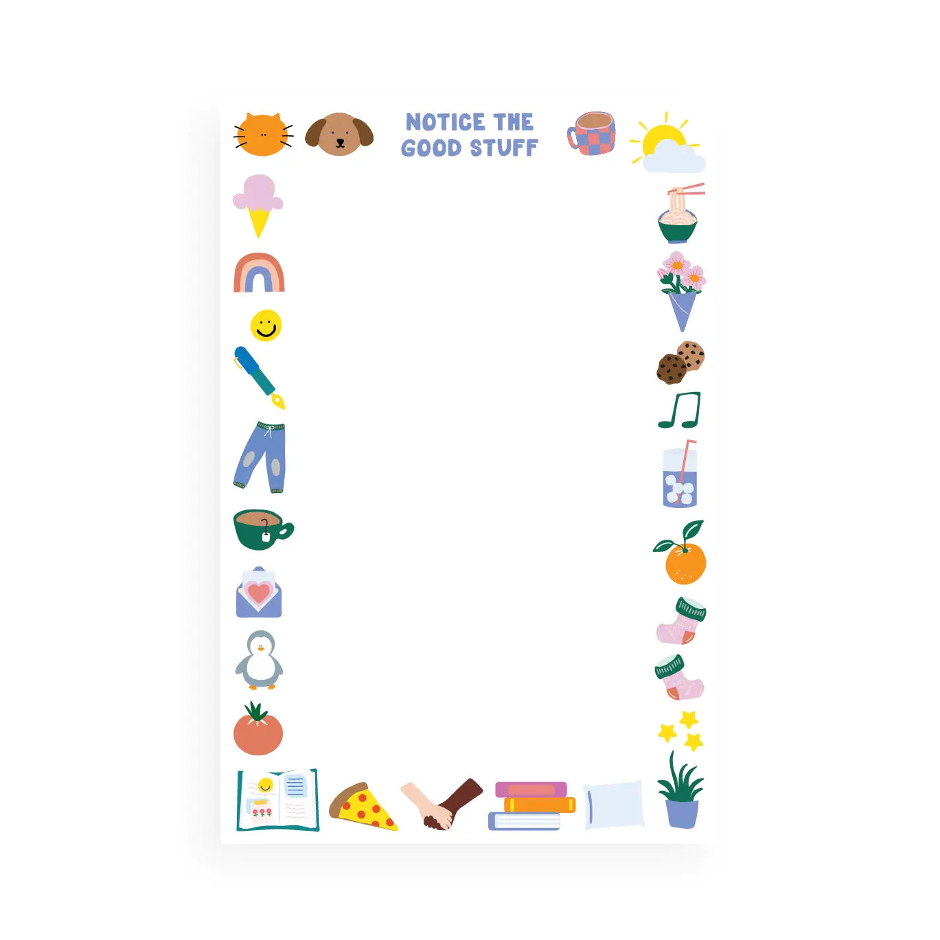 White notepad with colorful illustrations frame. Text: notice the good stuff 