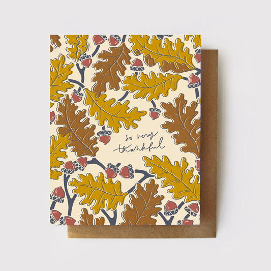 Greeting card with autumn leaf pattern and 'so very thankful' text