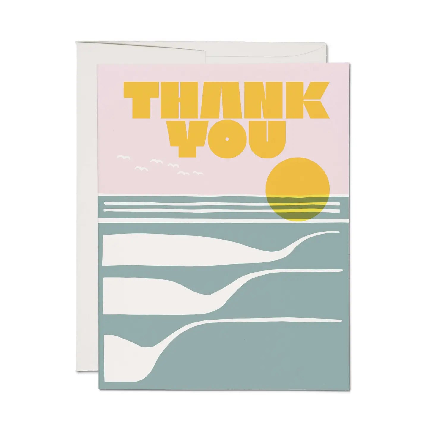 Greeting card with yellow thank you text and abstract ocean design 