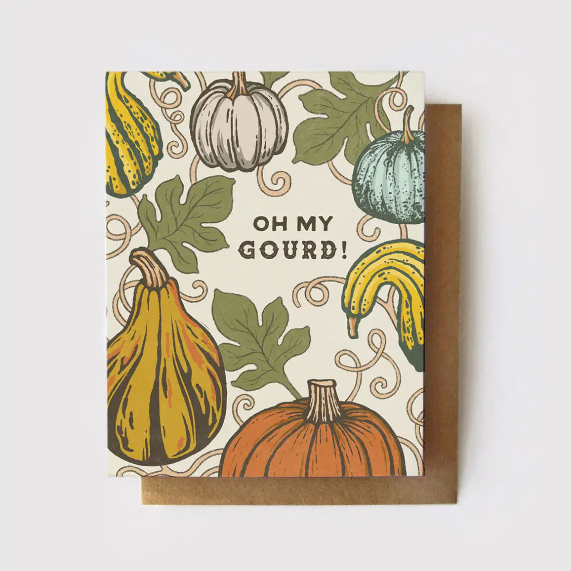 Greeting card with pumpkins and gourds design and 'Oh My Gourd!' text.