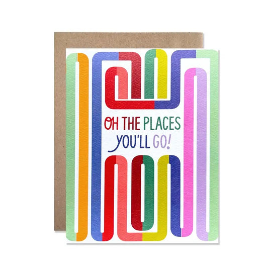 White greeting card with multicolor pattern. Multicolor text “oh the places you’ll go!”