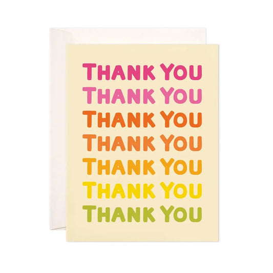White greeting card with rainbow multicolor repeating text: thank you 