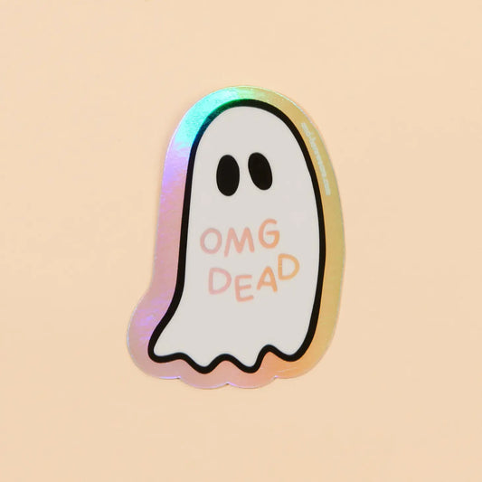 A die-cut vinyl sticker with a holographic effect, featuring a white ghost with the text 'OMG DEAD'