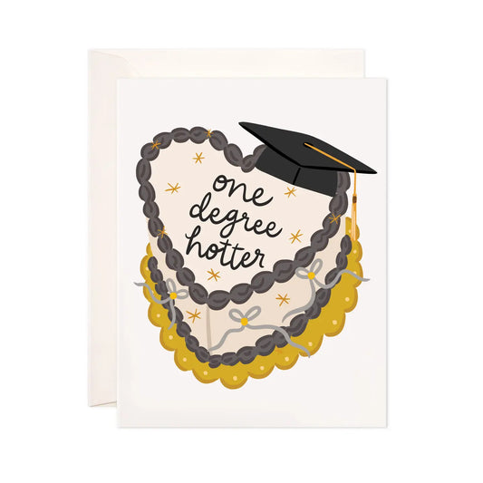White greeting card with an illustration of a cake. Text on cake: one degree hotter 