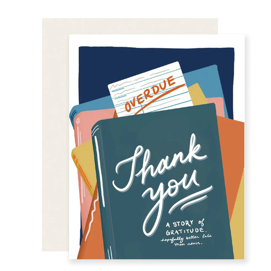 Card with 'Thank you' message and stack of books on a white background