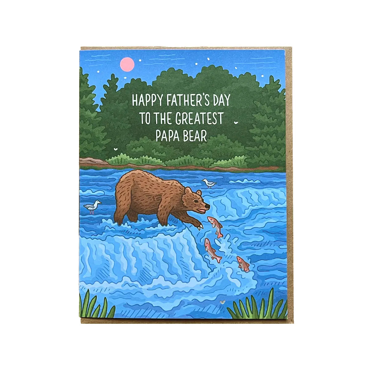 White greeting card with full color illustration of a bear in a stream. White text: happy Father’s Day to the greatest papa bear 