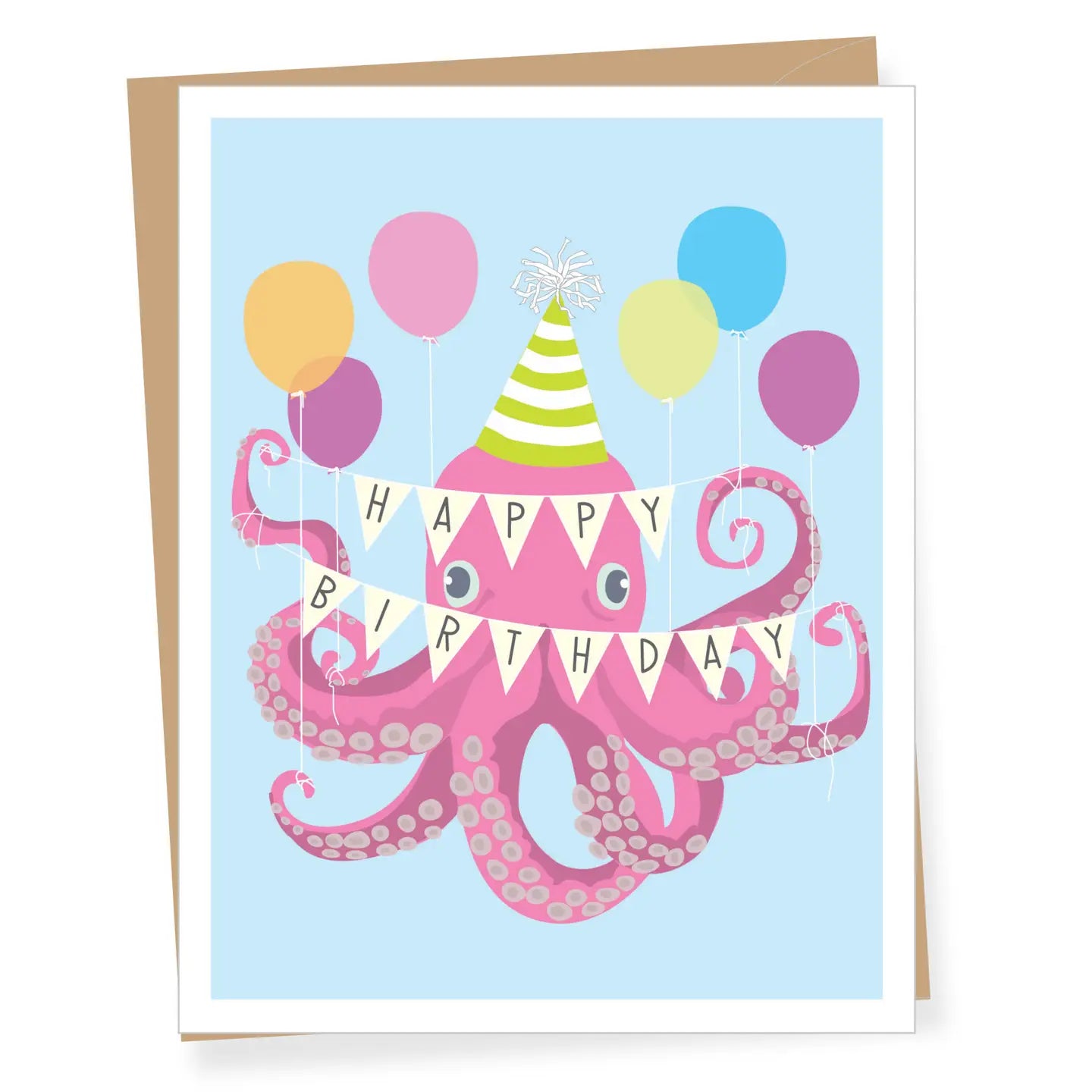 Birthday card with a pink octopus and colorful balloons