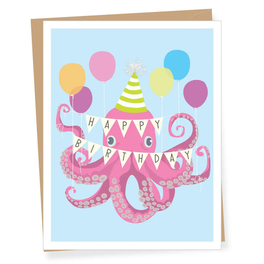 Birthday card with a pink octopus and colorful balloons