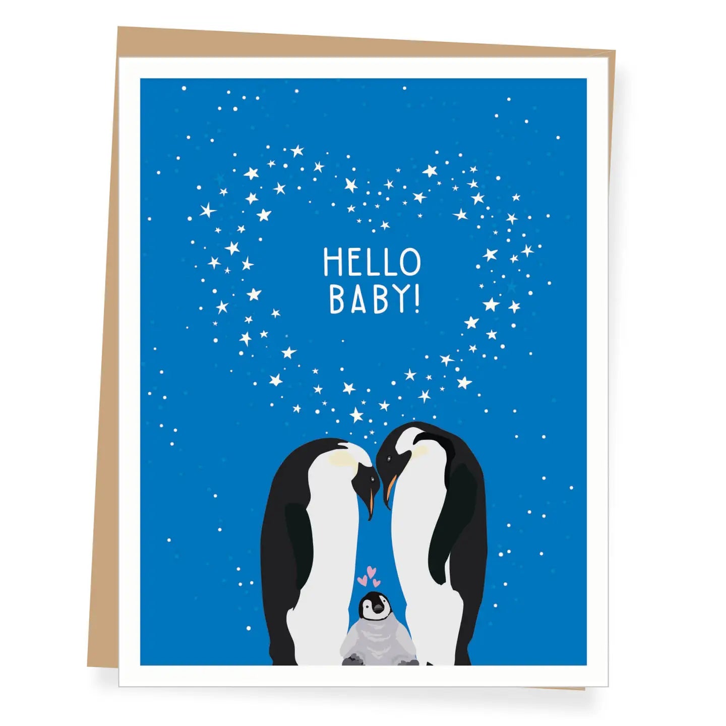 Greeting card with penguin family illustration and 'Hello Baby!' text on a blue background
