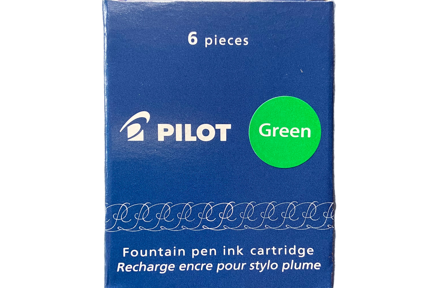 Box of Pilot fountain pen ink cartridges with a green label on a white background
