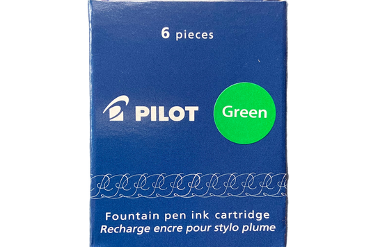 Box of Pilot fountain pen ink cartridges with a green label on a white background