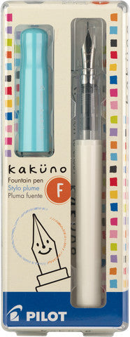 Cream box with a silver and white fountain pen inside. Light blue pen cap. 