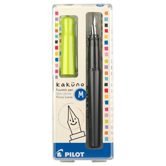 Cream box with a black fountain pen inside. Lime green pen cap. 