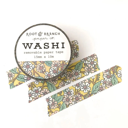 Front cover of Washi tape roll. Three pieces of tape with pink blossoms pattern. 