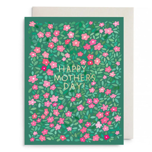 Greeting card with green background and pink flower illustrations. Text: happy Mother’s Day!