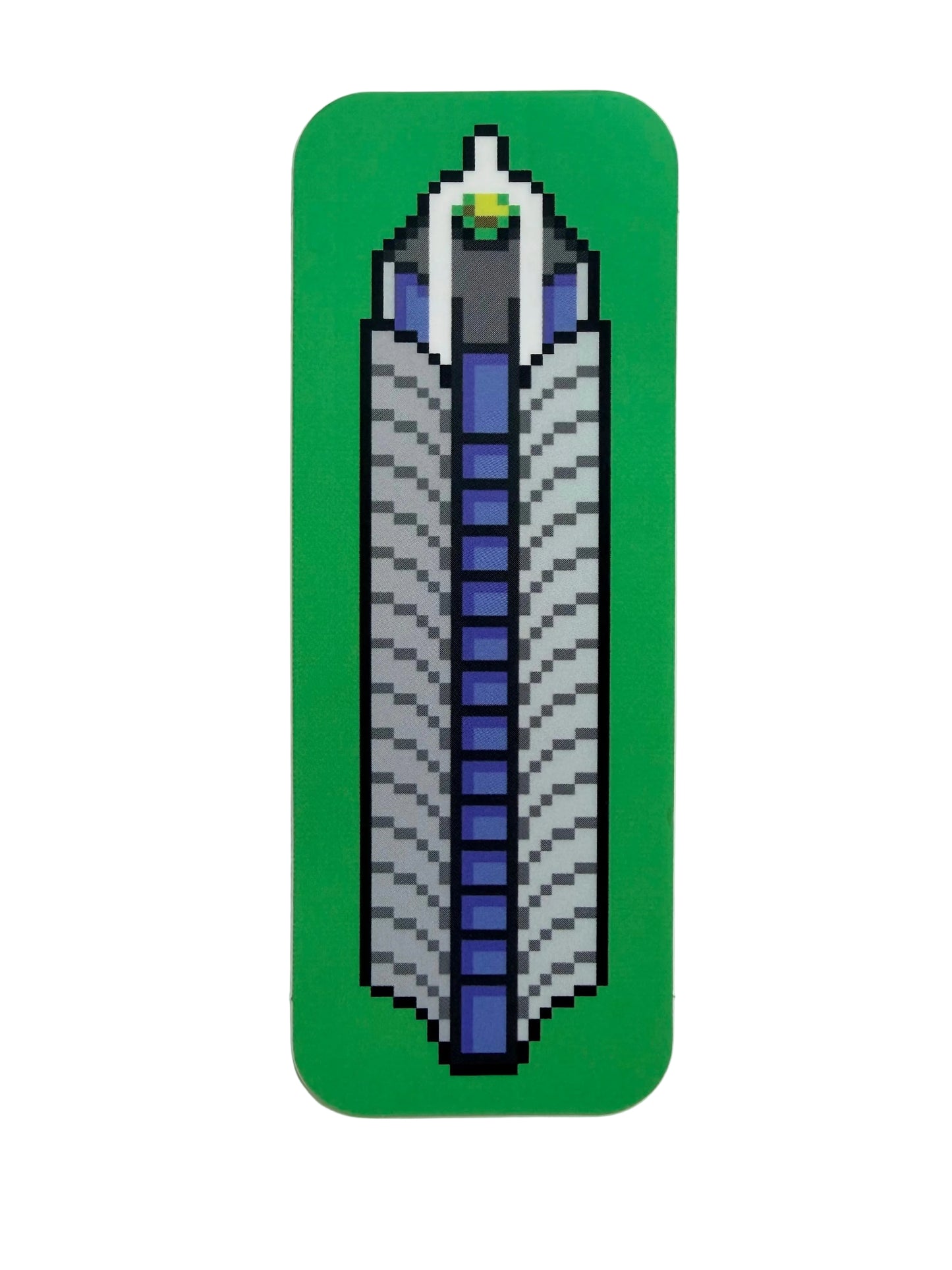 Pixelated bell tower design on a green sticker 
