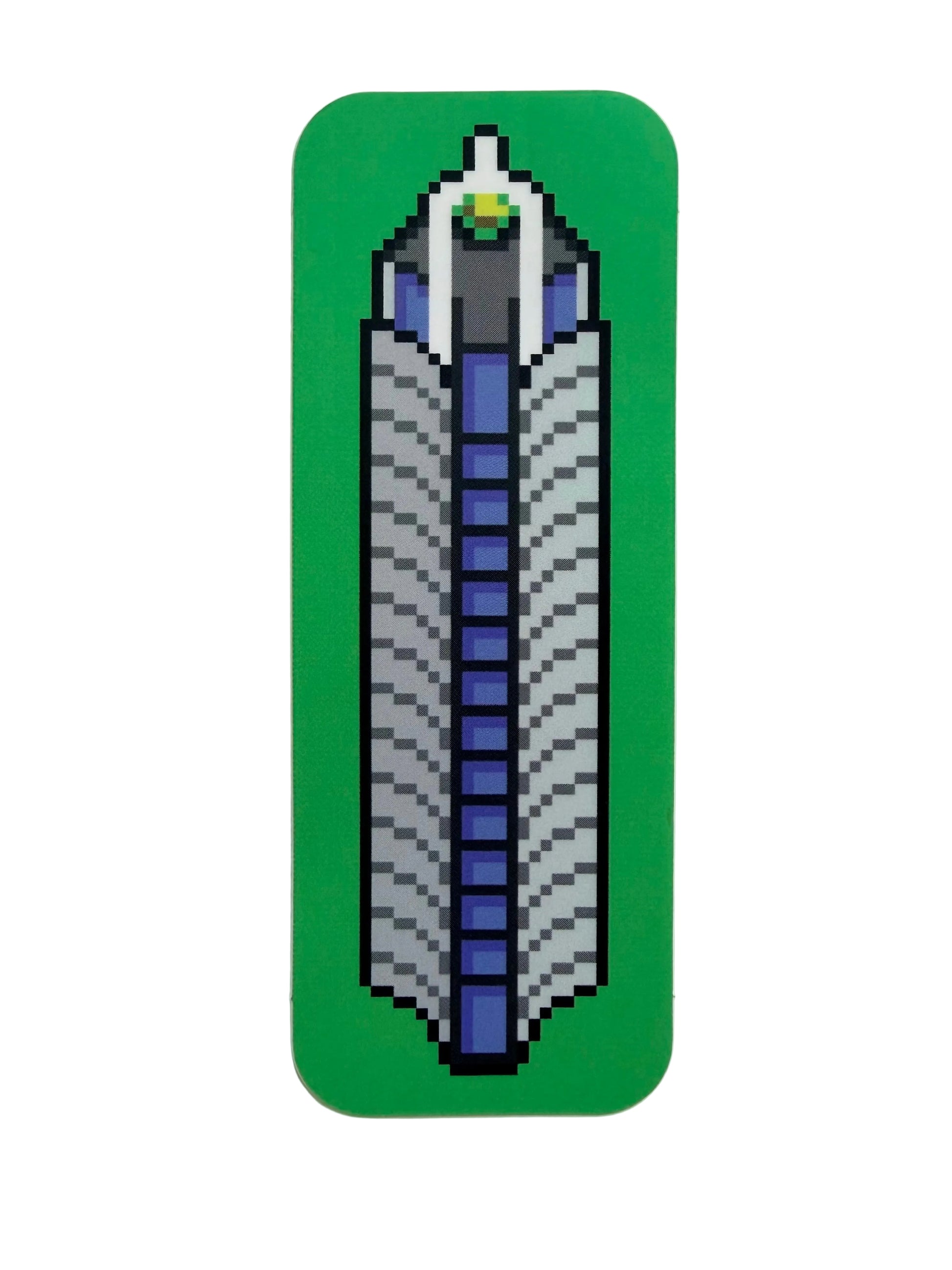Pixelated bell tower design on a green sticker 