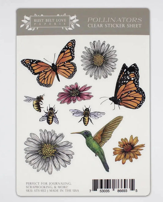 Clear sticker sheet with stickers of butterflies, flowers, and a hummingbird