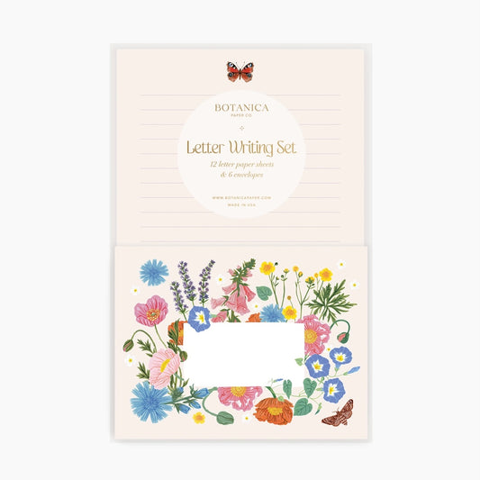 A letter writing set with a prairie wildflower design, including 12 letter paper sheets and 6 envelopes