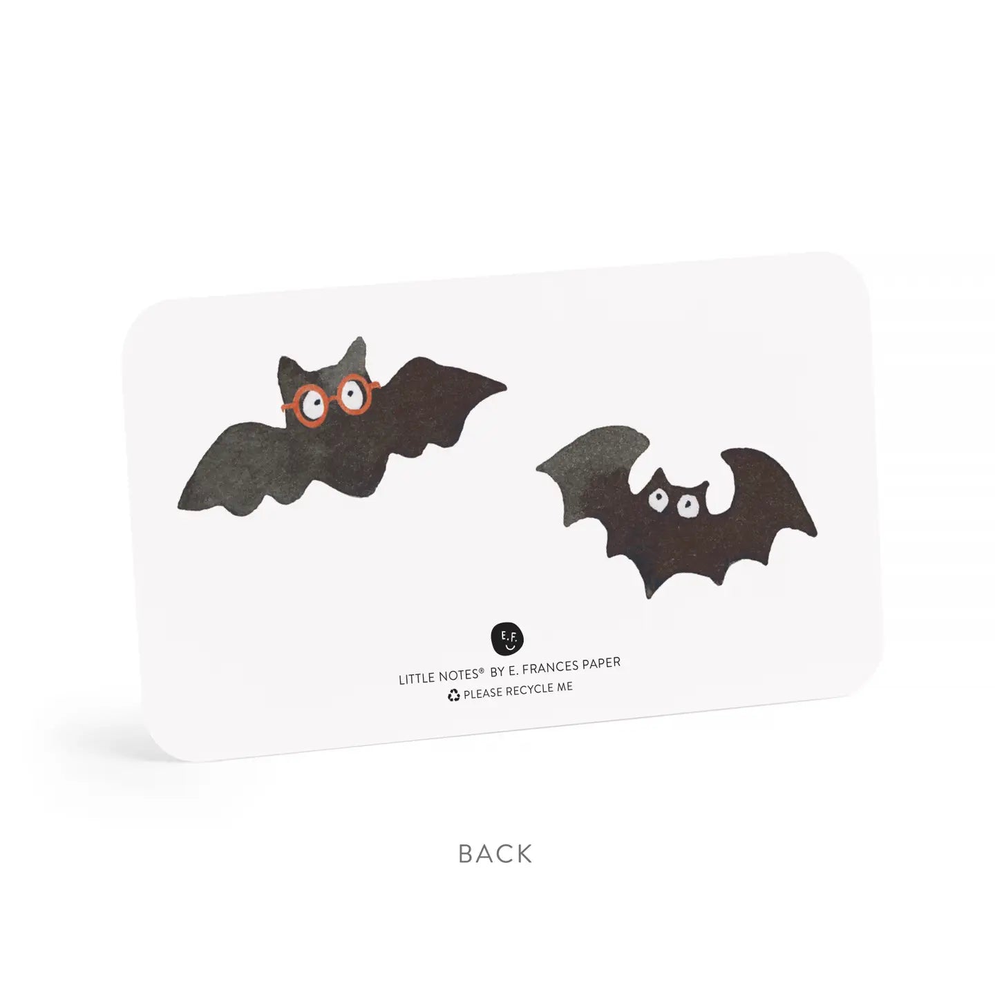 Back of note card with bat illustrations on a white background