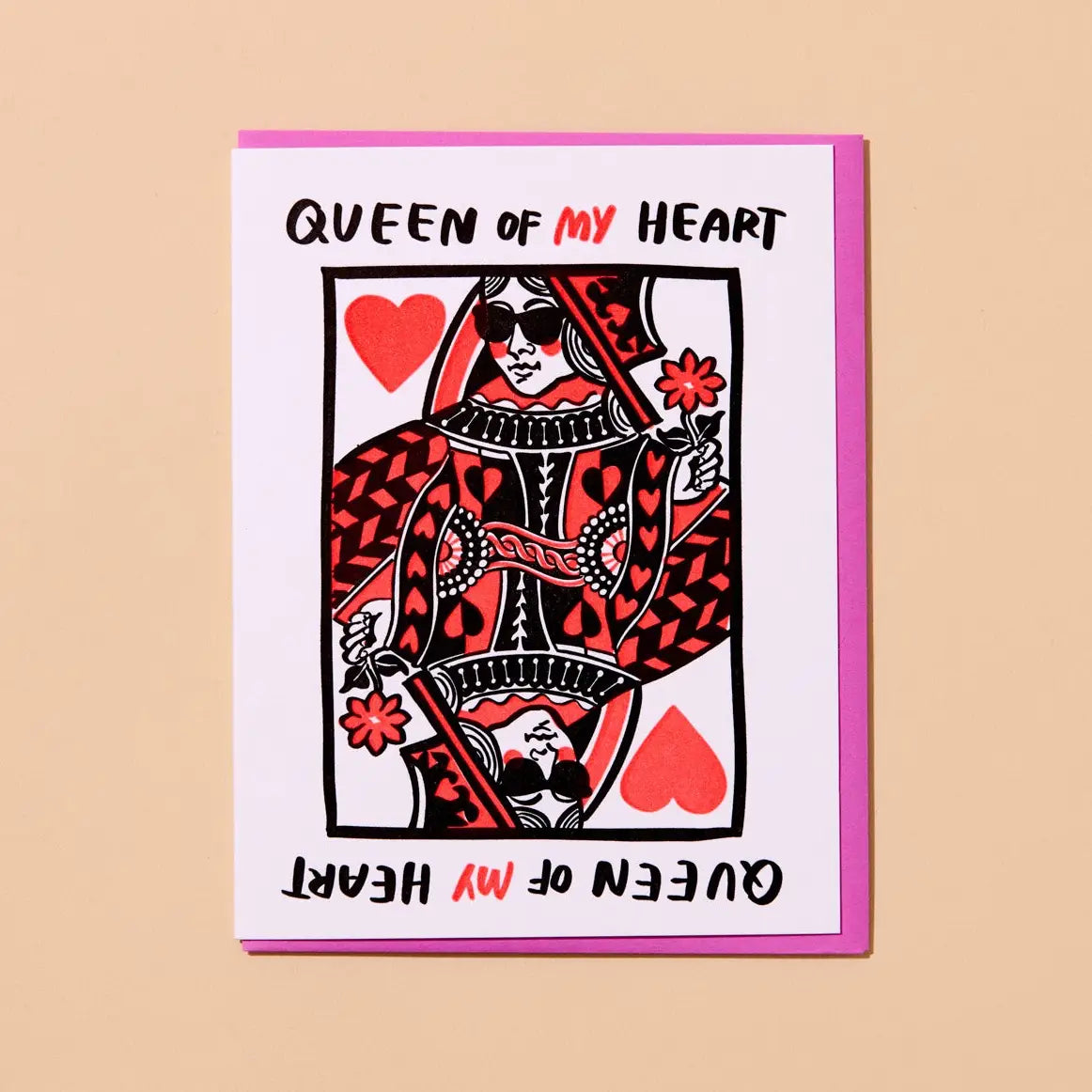 Card with a Queen of Hearts design and 'Queen of My Heart' text on a beige background