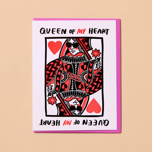 Card with a Queen of Hearts design and 'Queen of My Heart' text on a beige background