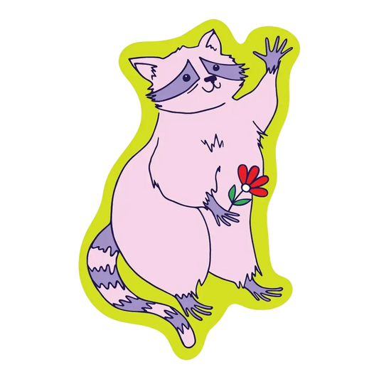 Die-cut sticker of a raccoon holding a red flower 