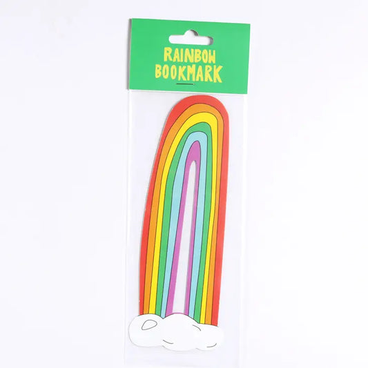 Rainbow-shaped bookmark in packaging with green label on white background