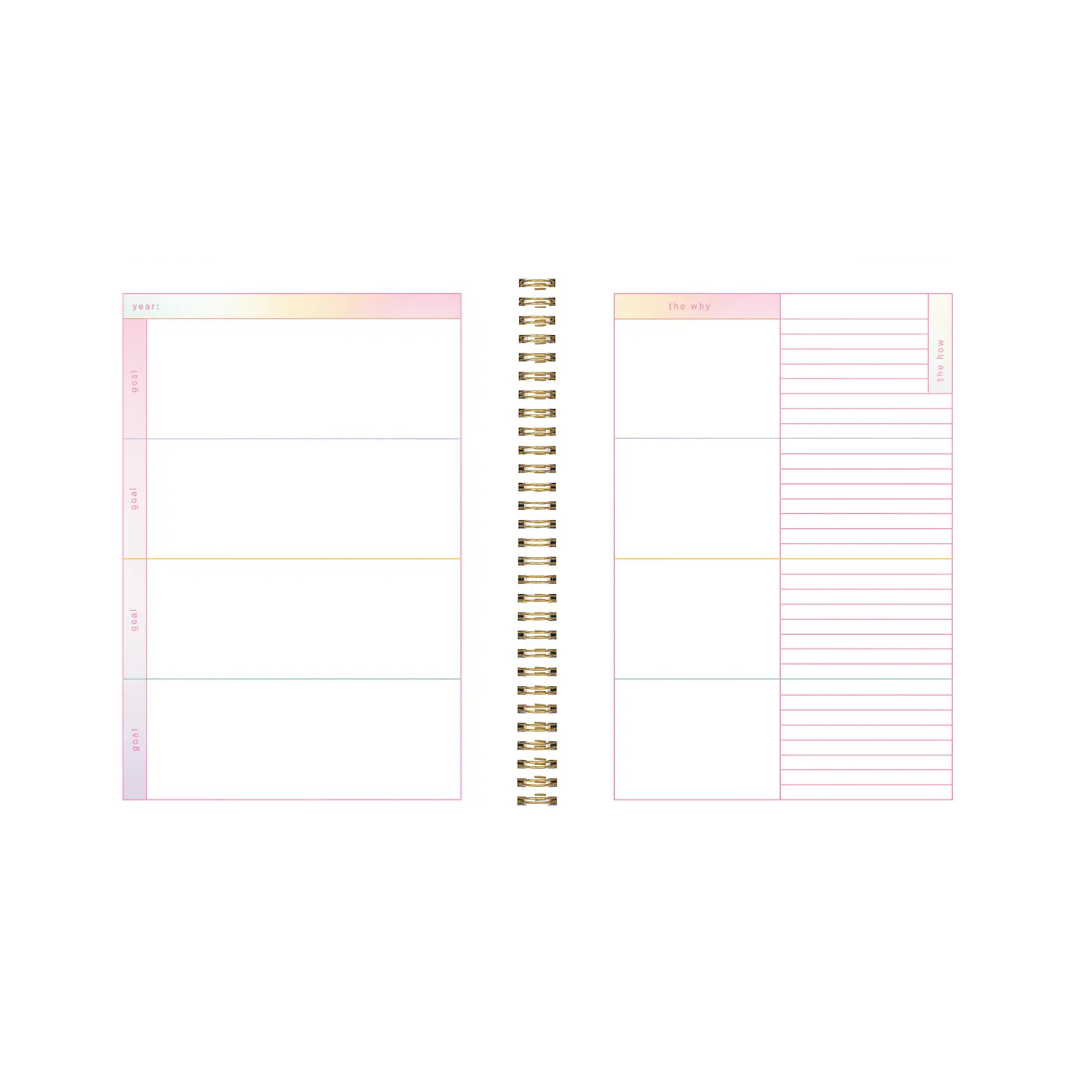 Inside view of planner. Left side has space for goals and right space has space for notes and the why