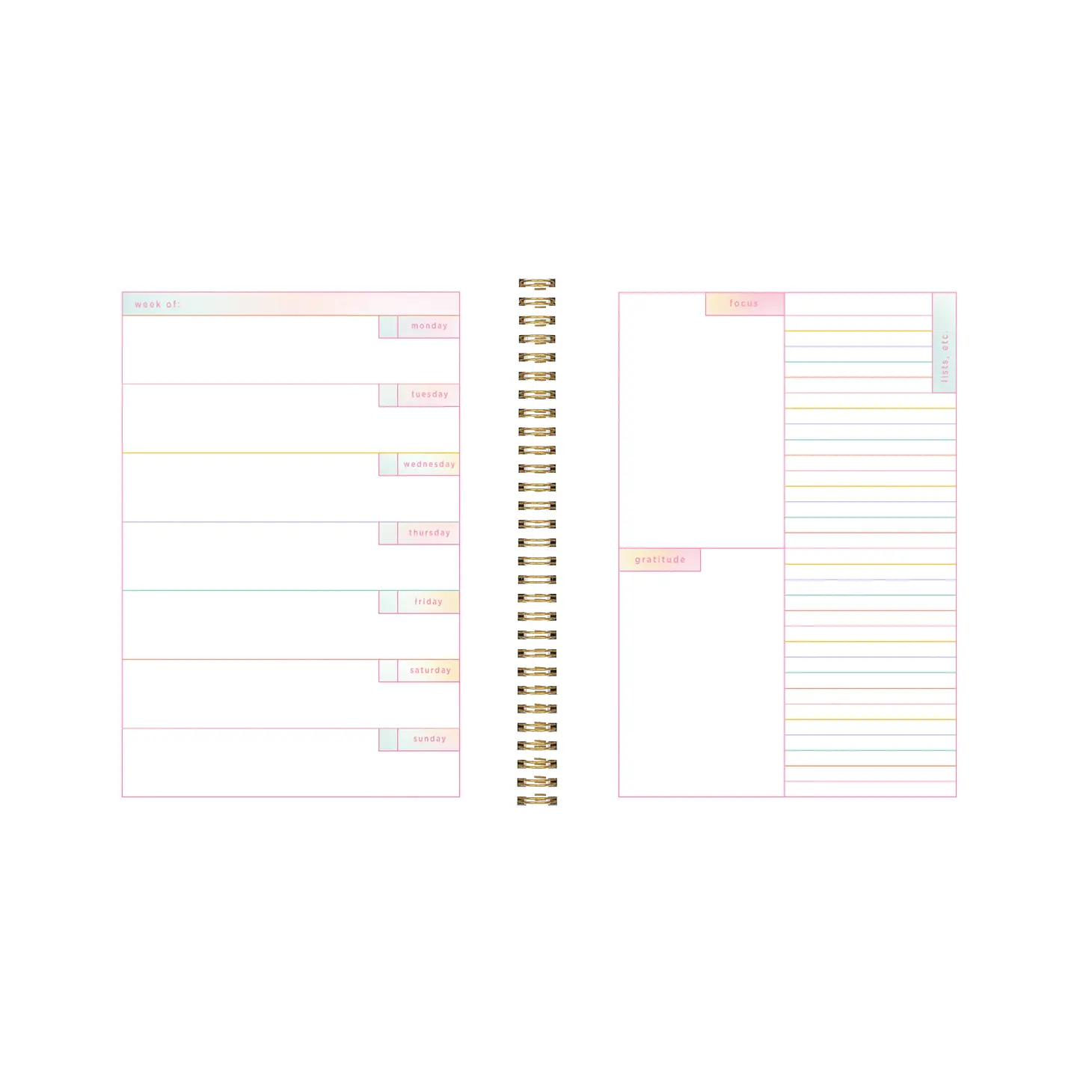 Inside monthly view of planner. Left side has space for each week and right side has space for notes and priorities