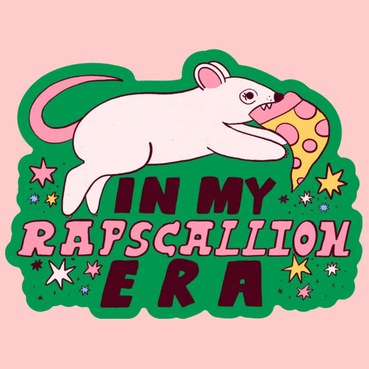 Sticker with an illustration of a rat holding a pizza with text 'In My Rapscallion Era'