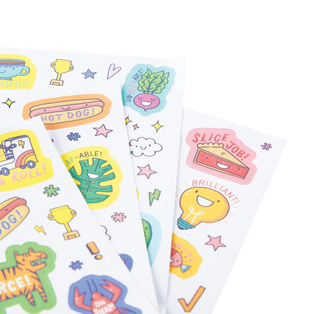 Set of colorful stickers with various designs on a white background