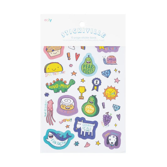 Sheet of colorful stickers with various designs on a white background