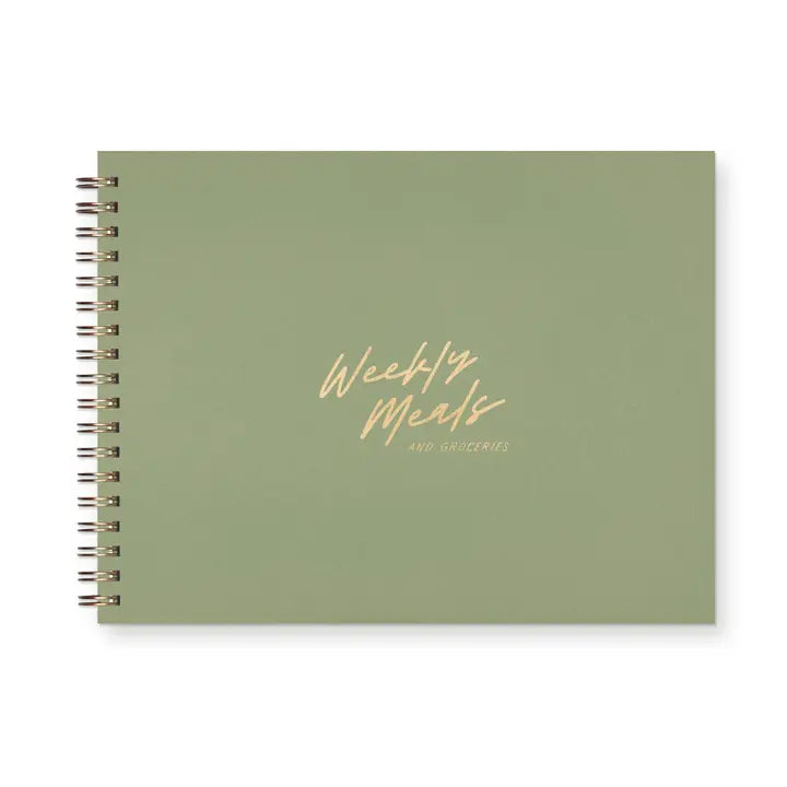 Green spiral notebook with 'Weekly Meals' text on a white background