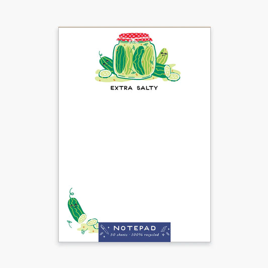 Notepad with pickle design and text 'Extra Salty' on a white background