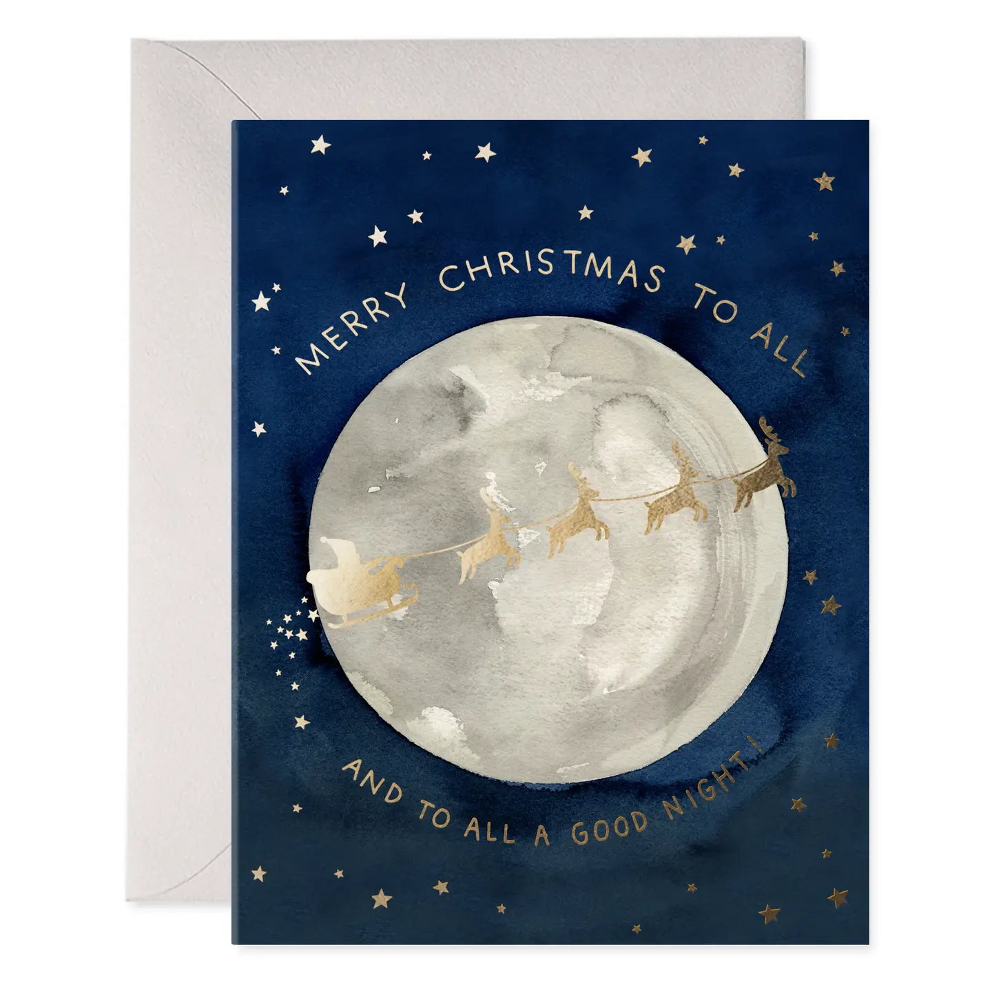 Christmas card with Santa Claus and reindeer flying over a moonlit sky on a blue background.