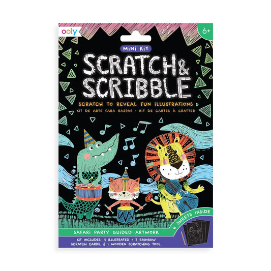 Scratch & Scribble art kit packaging with colorful animal illustrations on a black background