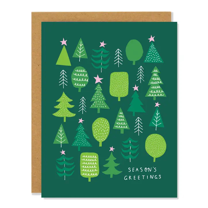 Greeting card with green trees and 'Season's Greetings' text on a green background