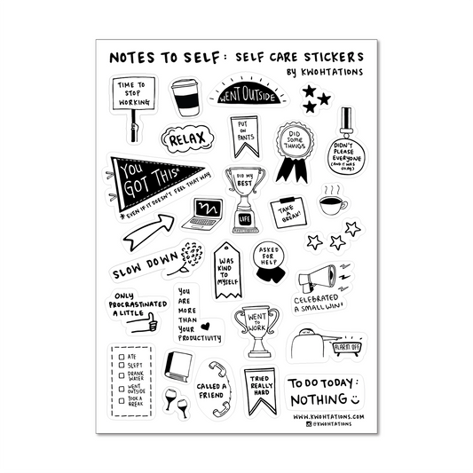 Image of a sticker sheet with 23 different self care stickers