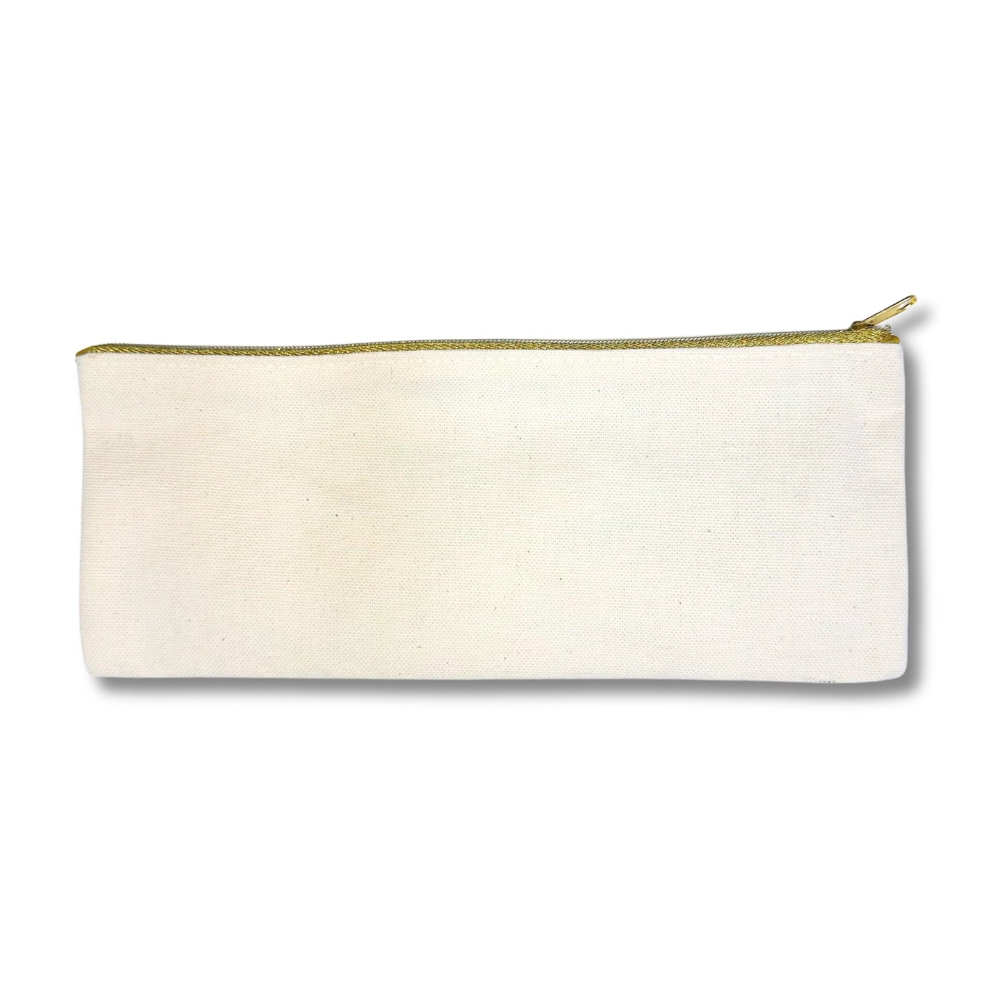Back of a canvas pencil case with gold zipper