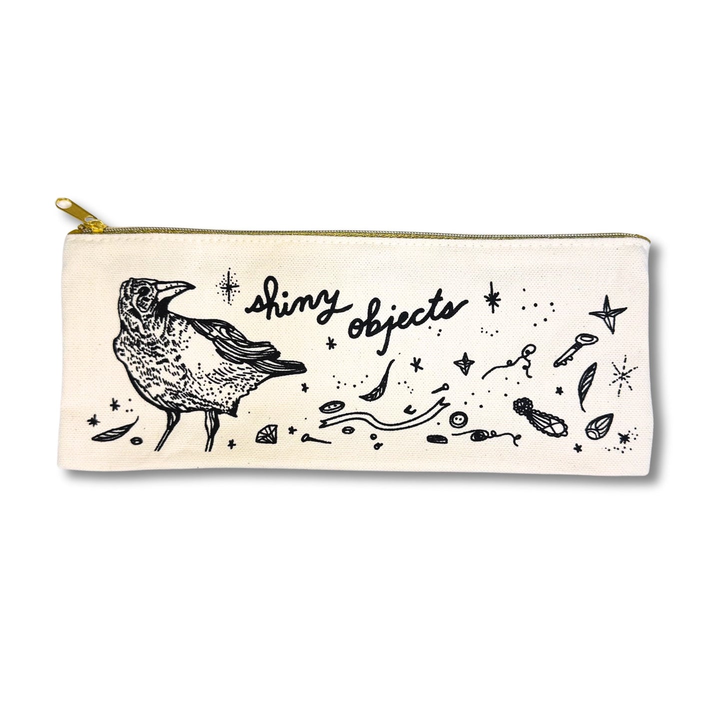Canvas pencil case with a bird illustration and 'shiny objects' text 