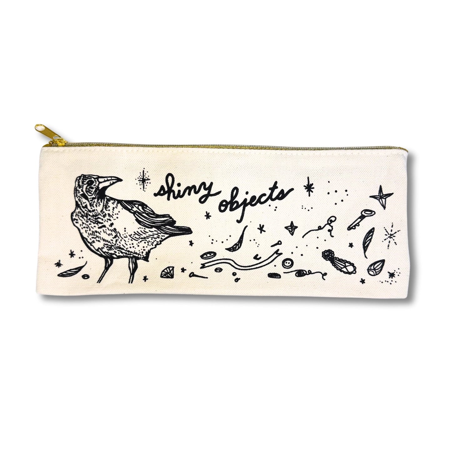 Canvas pencil case with a bird illustration and 'shiny objects' text 
