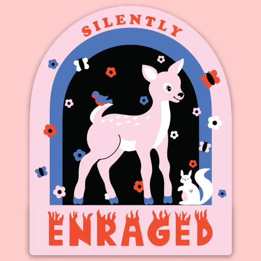 A decorative sticker featuring a cartoon deer and red text: silently enraged 