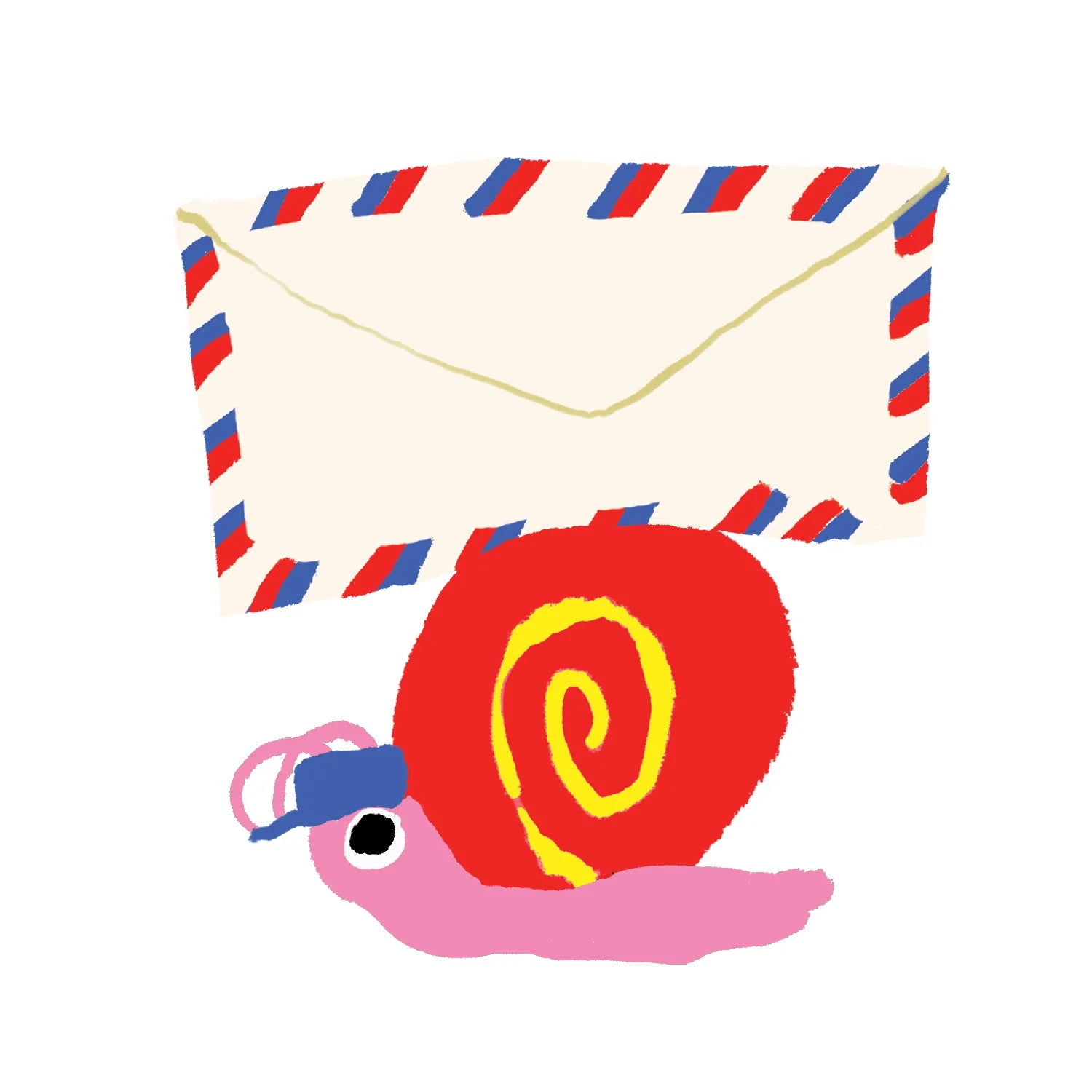Die cut sticker of a pink snail with a red shell carrying an air mail envelope