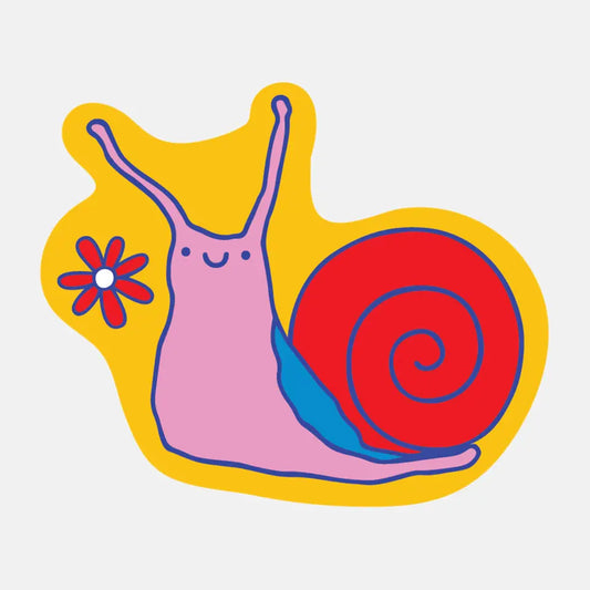 Die-cut sticker of a snail with a red shell and pink body