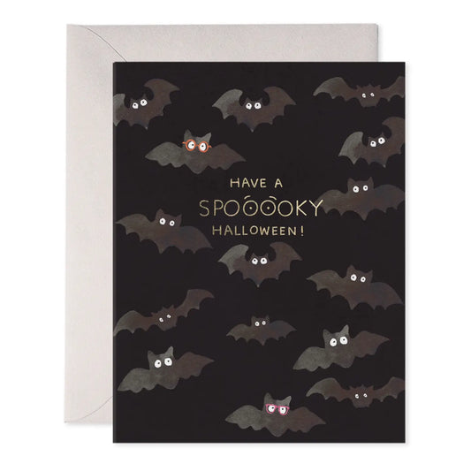 Halloween card with bats and text 'Have a Spooooky Halloween!' on a black background.