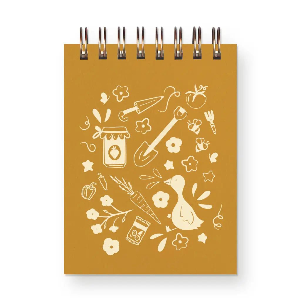 Yellow top spiral notebook with spring garden doodle illustrations 