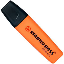 Orange highlighter with black cap. Black text reads "stabilo boss original" 